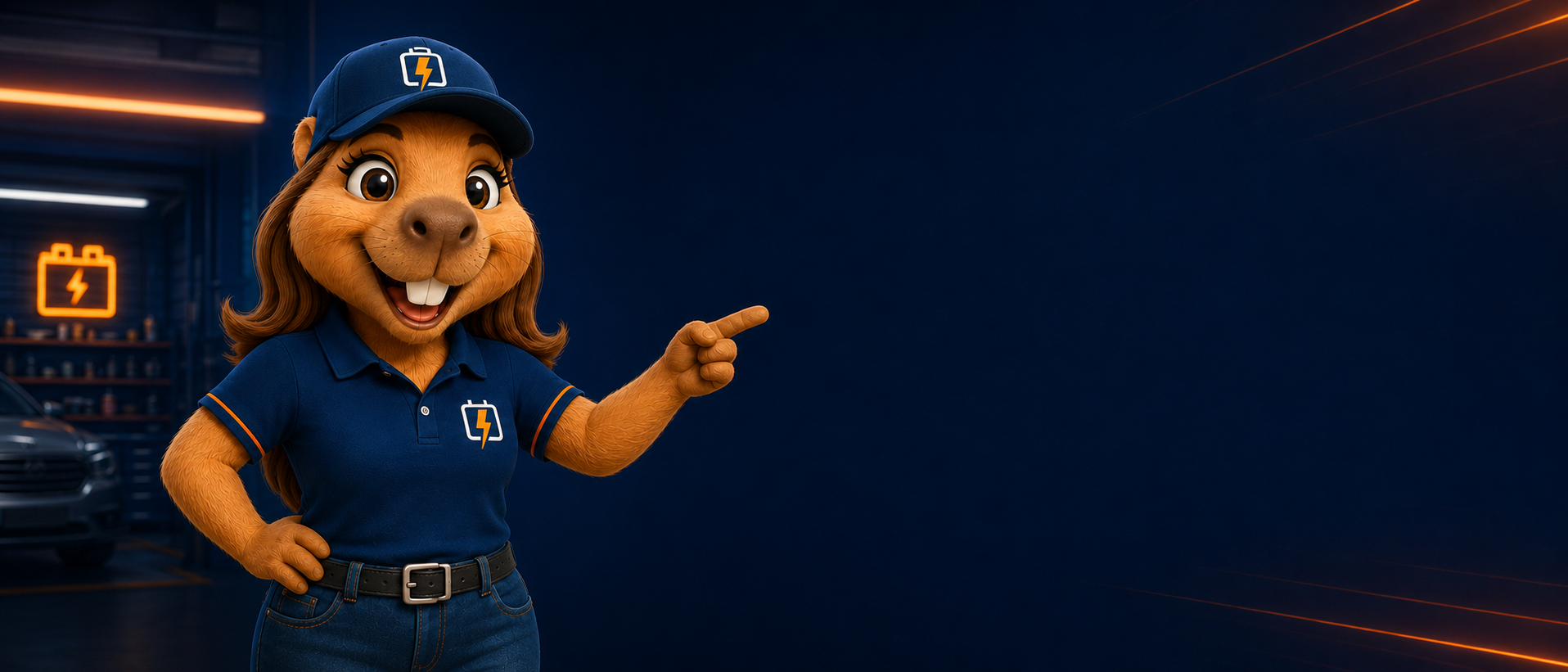 Mascote do Varejão apontando para as aplicações de baterias