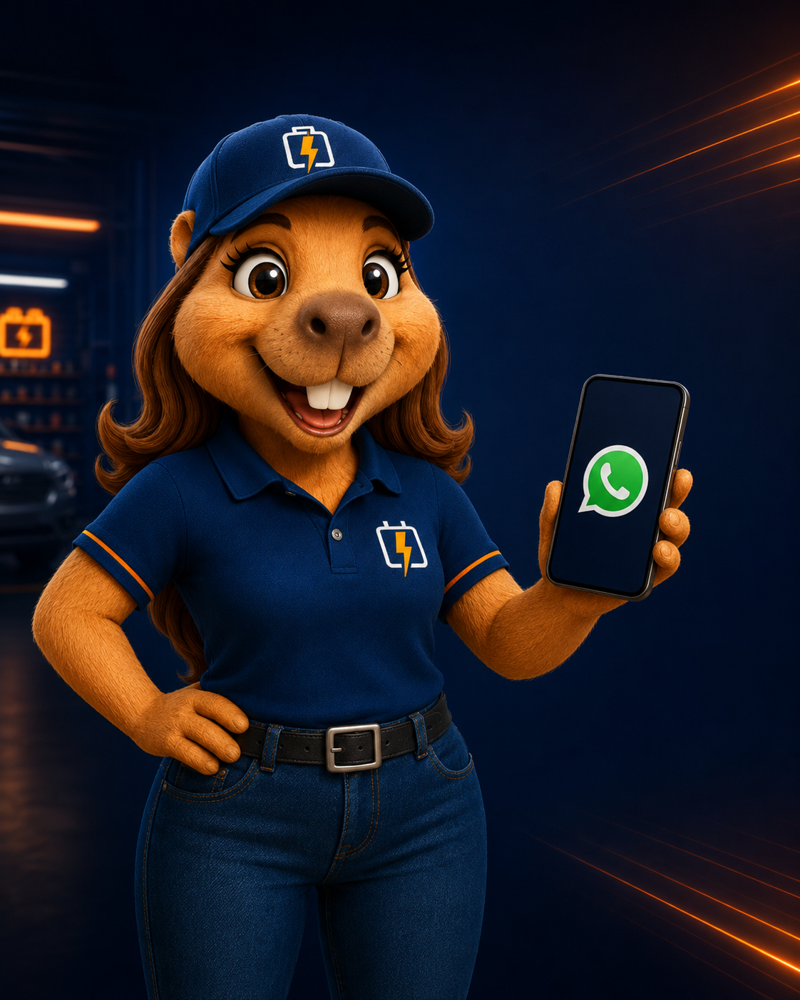 Mascote do Varejão mostrando atendimento pelo WhatsApp